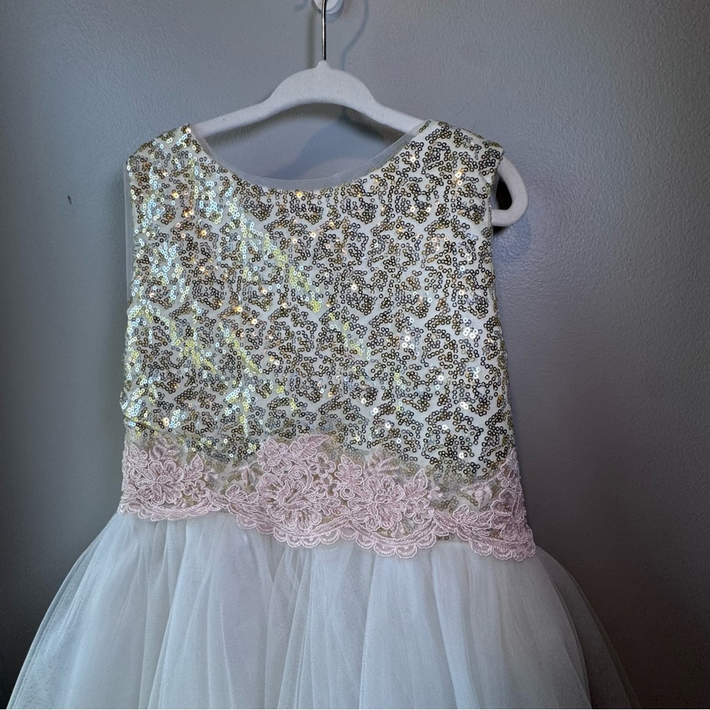 Flower Girl Dress Size 7 Pink Bow Sequin Tulle Princess Wedding Party Dress - Picture 3 of 10